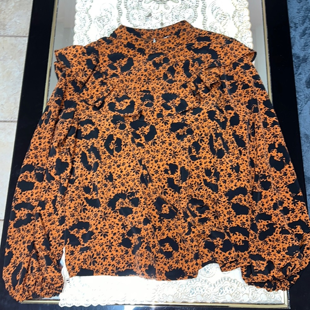 Topshop brown and black ruffled long-sleeve blouse